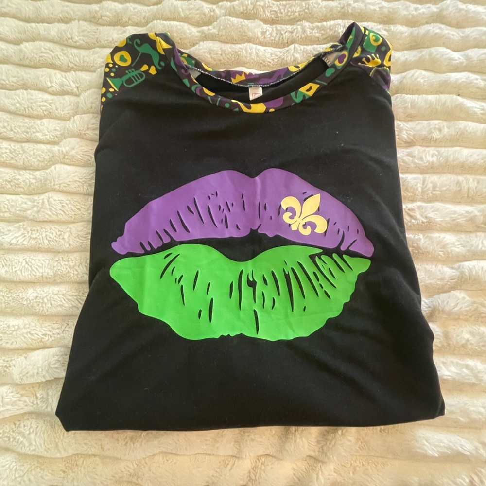 Mardi Gras Black Shirt with Purple and Green Lips Design
